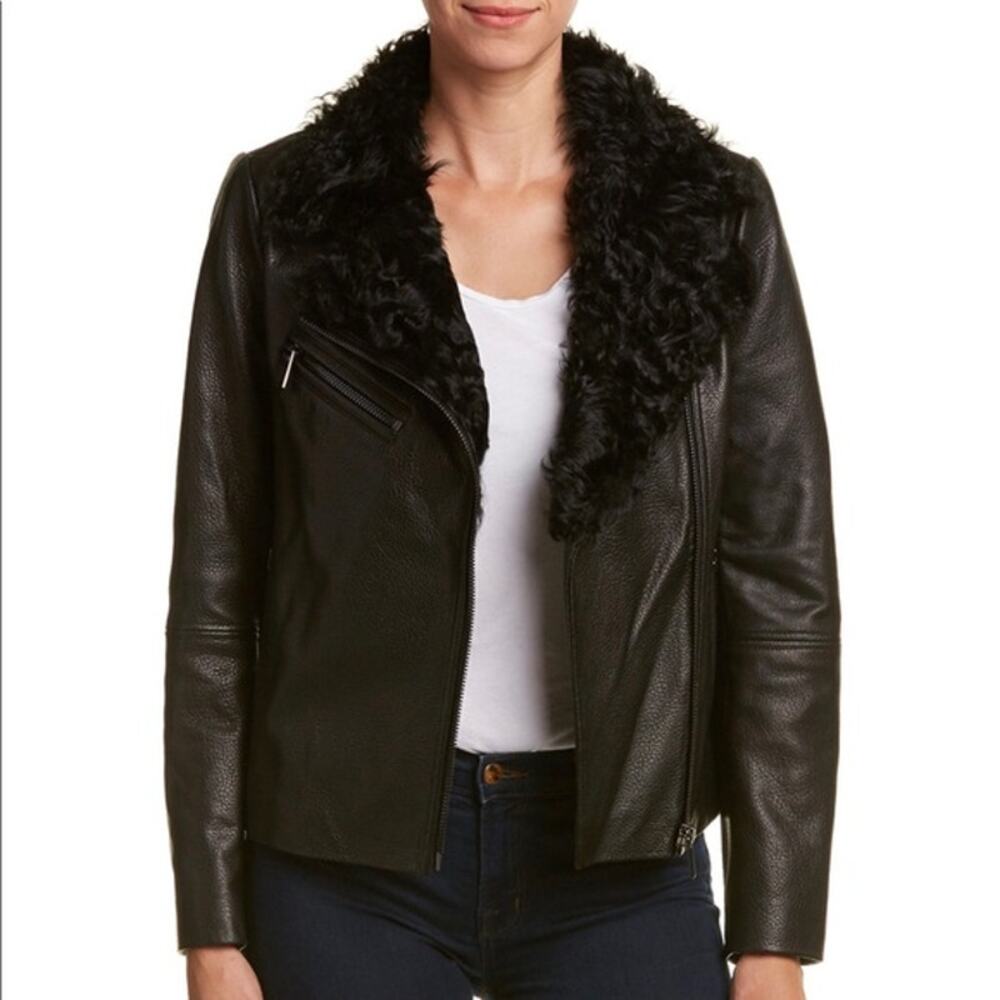 Badgley Mischka black  calf leather jacket with a black lamb shearling collar.